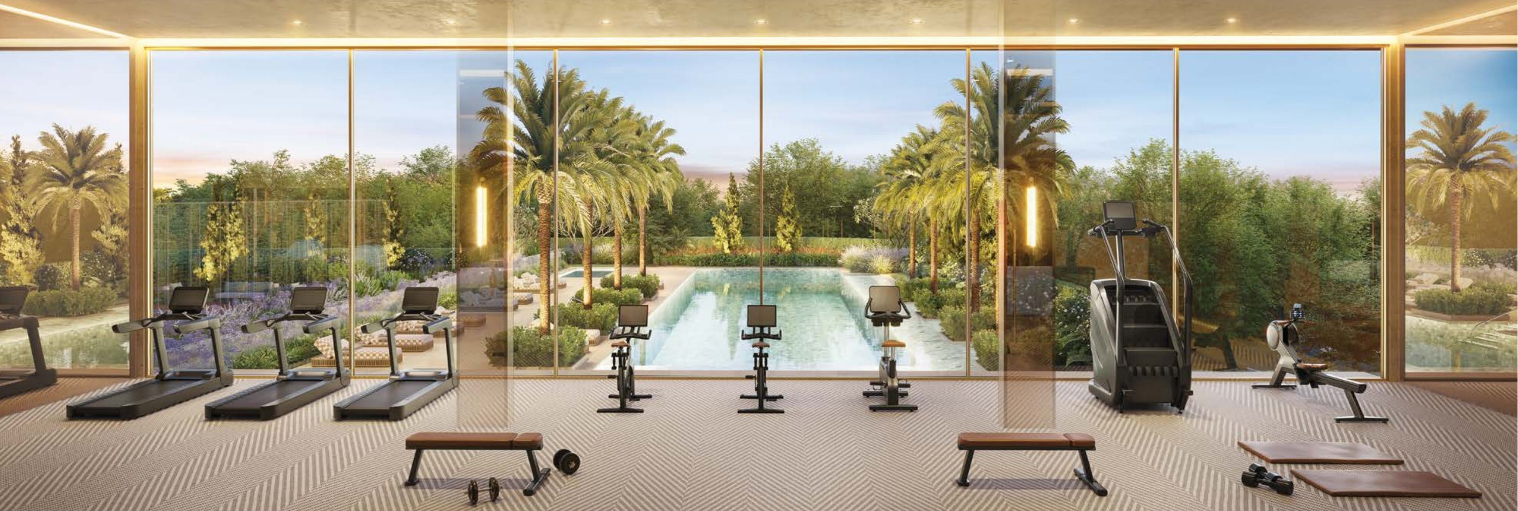 Perspectiva ilustrada do fitness com vista para a piscina